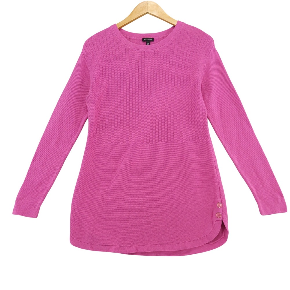 Talbots Tunic Sweater XS Pink Mixed Stitch Ribbed Button Detail Long Sleeve